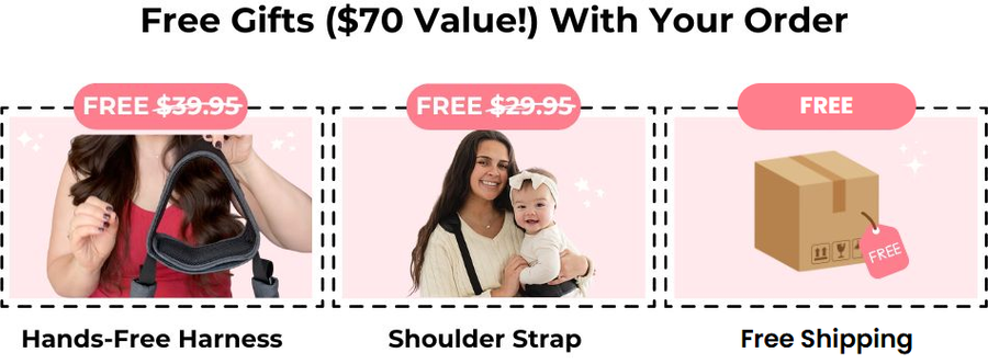 CarryMate free gifts: hands-free harness, shoulder strap and free shipping